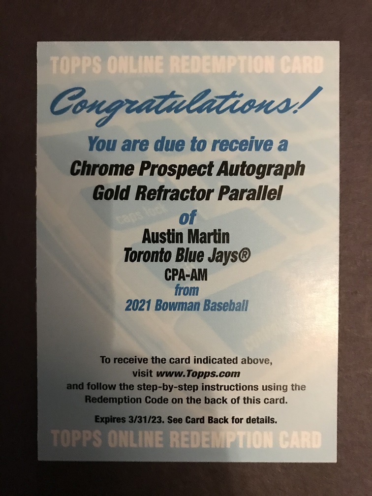 2021 Bowman Chrome Prospects Austin Marting Gold Auto Redemption