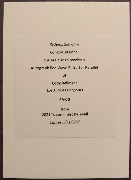 2021 Topps Finest Cody Bellinger Red Wave Auto Redemption